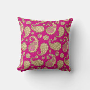 Paisley pattern, Soft Gold on Deep Fuchsia Pink Throw Pillow