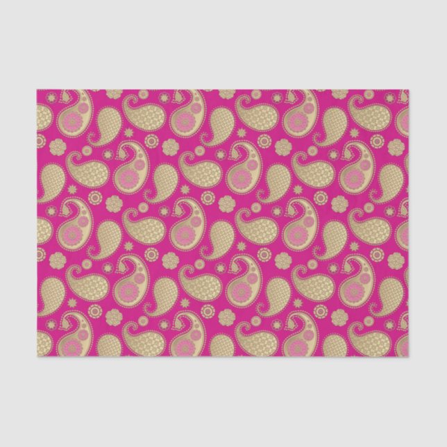 Paisley pattern, Soft Gold on Deep Fuchsia Pink Tissue Paper (Front)