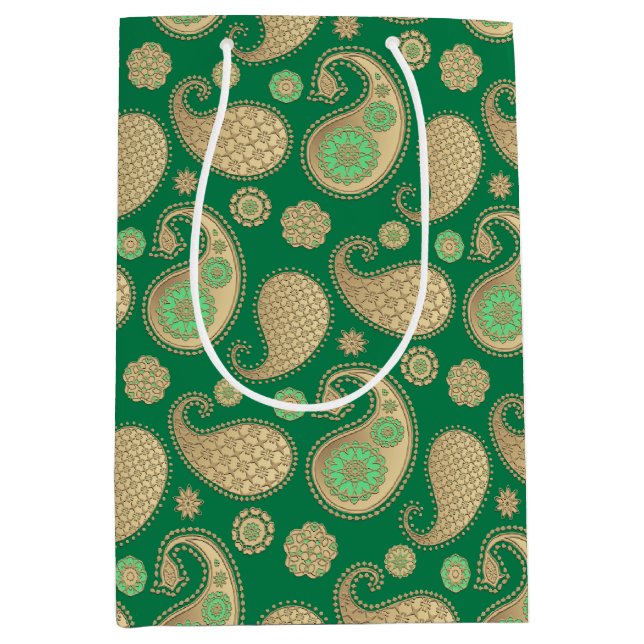 Paisley pattern, Soft Gold on Emerald Green Medium Gift Bag (Front)