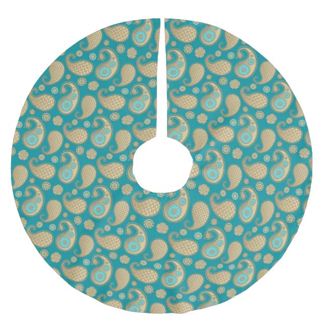 Paisley pattern, Soft Gold on Turquoise Brushed Polyester Tree Skirt (Front)