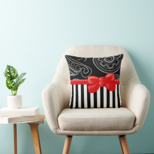 Paisley Pattern, Stripes, Lines, Black and White Throw Pillow