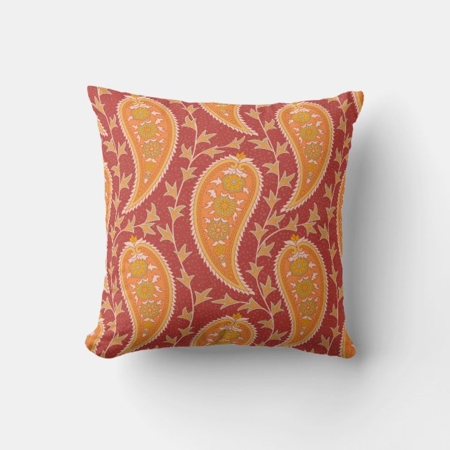Paisley pattern. Turkish cucumber. Maroon-orange c Throw Pillow (Front)