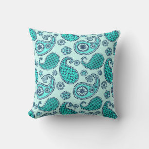 Paisley pattern, turquoise, aqua and navy throw pillow