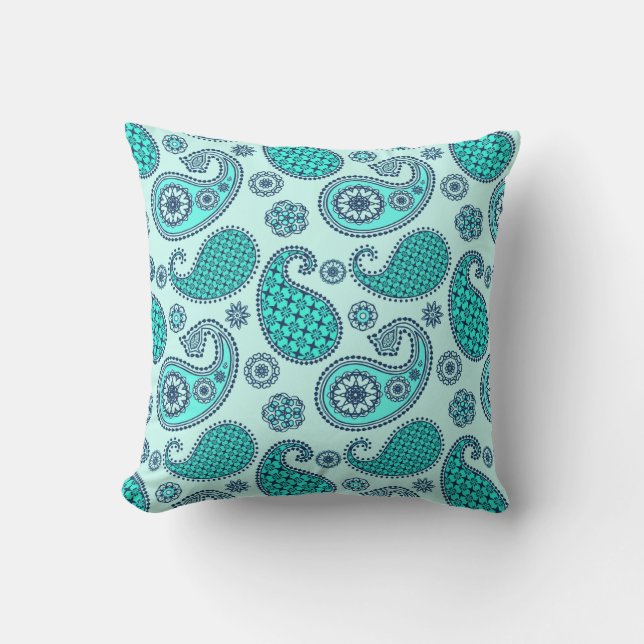 Paisley pattern, turquoise, aqua and navy throw pillow (Front)