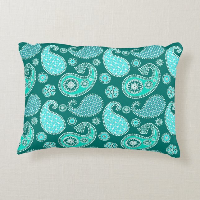 Paisley pattern, Turquoise, Aqua and White Accent Pillow (Back)