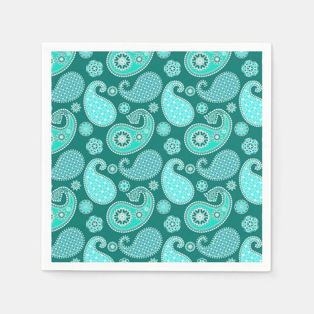 Paisley pattern, Turquoise, Aqua and White Napkin (Front)