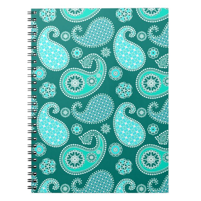 Paisley pattern, Turquoise, Aqua and White Notebook (Front)