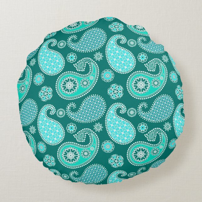 Paisley pattern, Turquoise, Aqua and White Round Pillow (Back)