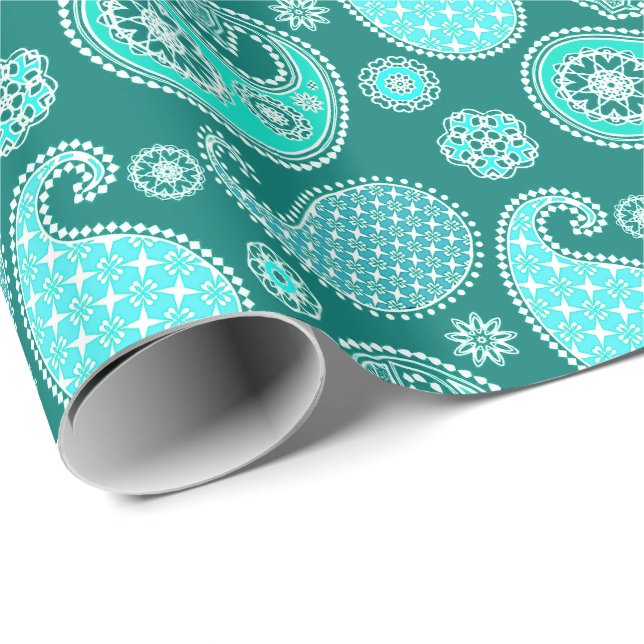 Paisley pattern, Turquoise, Aqua and White Wrapping Paper (Roll Corner)