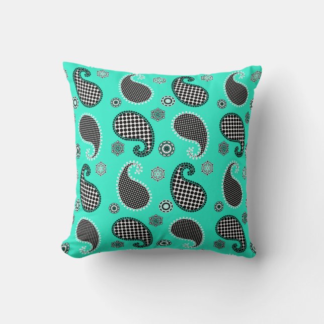 Paisley pattern, turquoise, black and white throw pillow (Front)