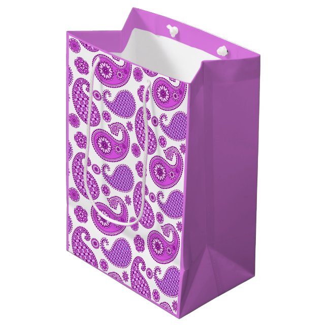 Paisley pattern, violet, purple and white medium gift bag (Front Angled)