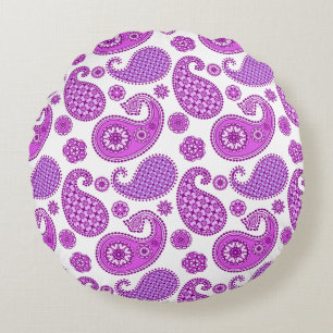 Paisley pattern, violet, purple and white round pillow