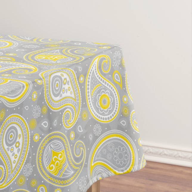 Paisley pattern yellow and grey elegant tablecloth (In Situ)