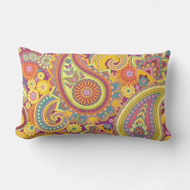 Paisley Pattern Yellow Purple Red Orange Outdoor Lumbar Pillow (Front)