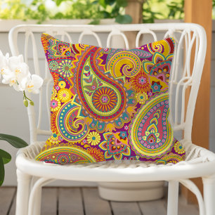 Paisley Pattern Yellow Purple Red Orange Outdoor Pillow