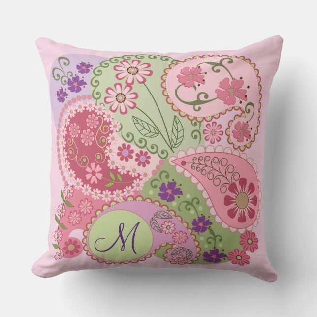 Paisley Patterns, Flowers & Custom Monogram Pillow (Front)
