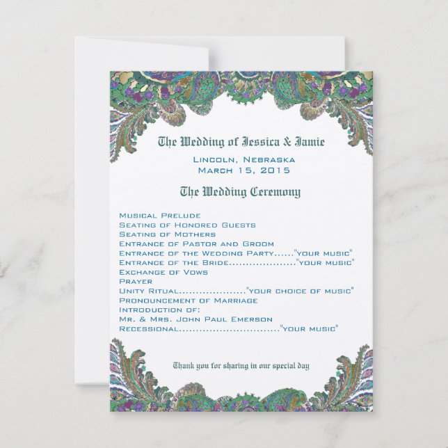 Paisley Peacock Colours Programme de mariage (Devant)