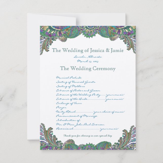 Paisley Peacock Colours Programme de mariage (Devant)