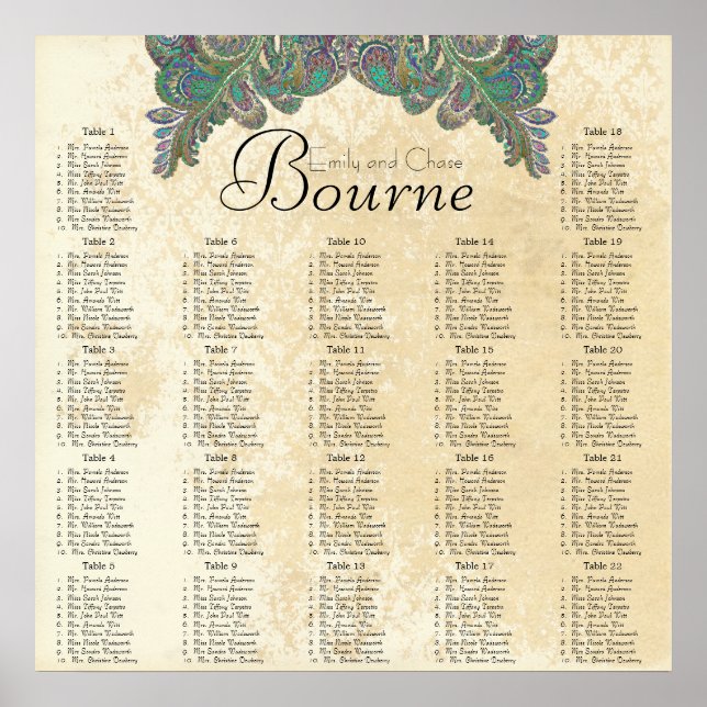 Paisley Peacock Colours Reception Seating Chart (Front)