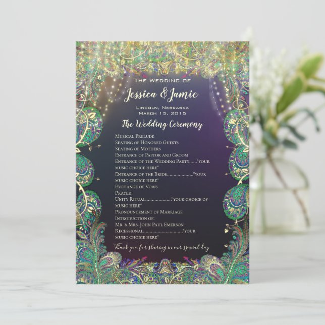 Paisley Peacock Colours Wedding Program (Standing Front)