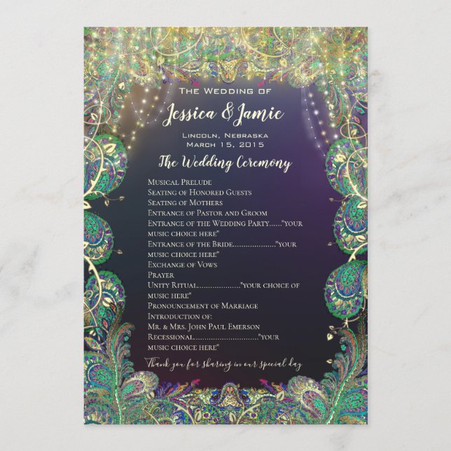 Paisley Peacock Colours Wedding Program (Front)