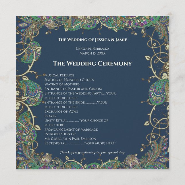 Paisley Peacock Colours Wedding Program (Front)