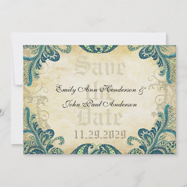 Paisley Peacock Colours Wedding Save the Date (Front)
