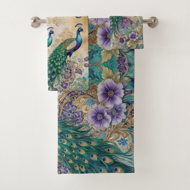 Paisley Peacock Floral Watercolor  Bath Towel Set (Insitu)