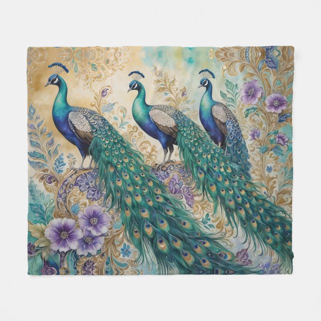 Paisley Peacock Floral Watercolor  Fleece Blanket (Front (Horizontal))