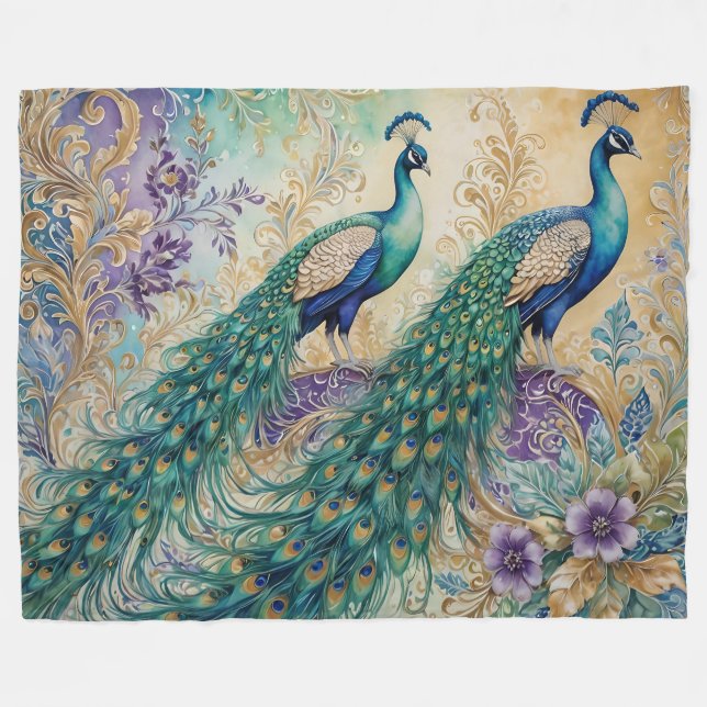 Paisley Peacock Floral Watercolor  Fleece Blanket (Front (Horizontal))