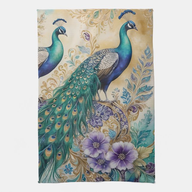 Paisley Peacock Floral Watercolor  Kitchen Towel (Vertical)