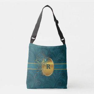 Paisley Peacock with Monogram in Teal and Gold Crossbody Bag