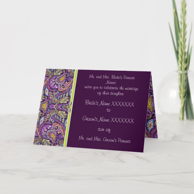 Paisley Plum Eggplant Lime Wedding Invitation (Front)
