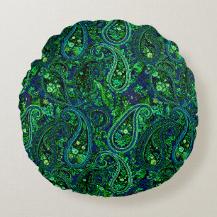 Paisley Profusion Vibrant Floral Blue Green Round Pillow