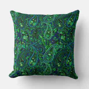 Paisley Profusion Vibrant Floral Blue Green Throw Pillow