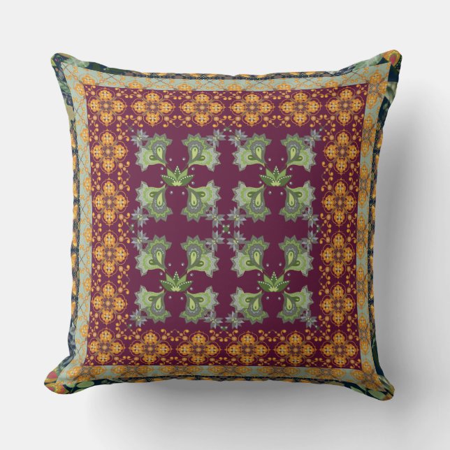 Paisley Quilt Patterned Faux Quilt Style Throw Pillow (Front)