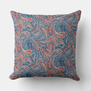 Paisley Red, White and Blue Faux Denim Throw Pillow