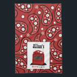 Paisley & Retro Stove Personalized Kitchen Towel<br><div class="desc">A kitchen towel featuring a red paisley design.  Personalize with your name above red retro stove.</div>