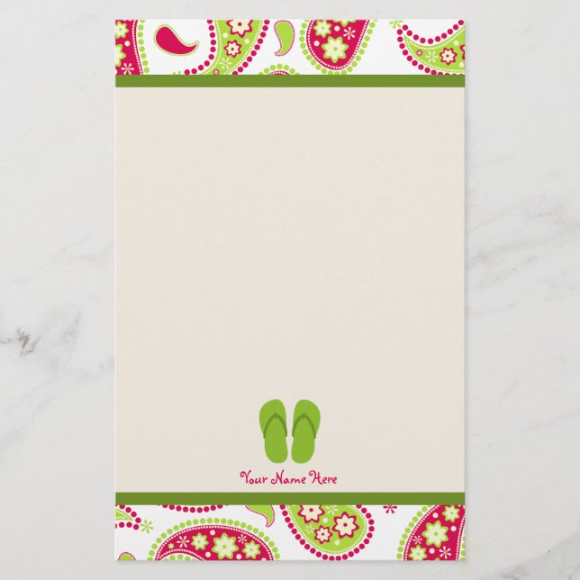 Paisley rose et vert, papeterie verte de bascules (Devant)