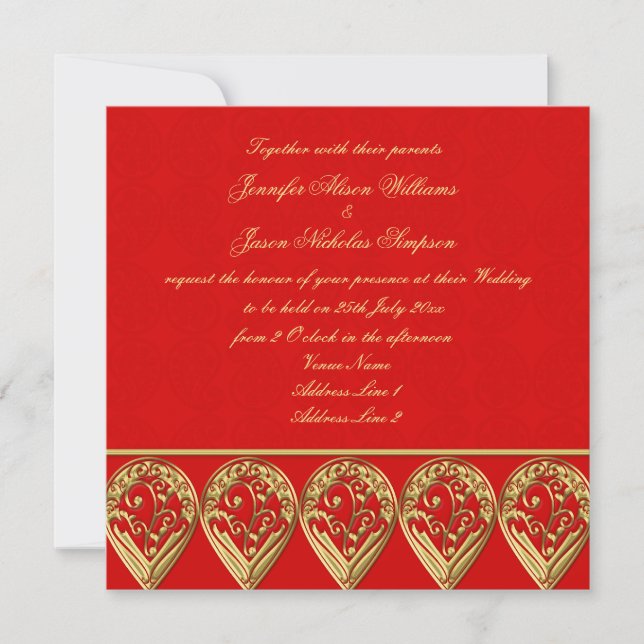 Paisley rouge et or Faire-part de mariage indien (Devant)