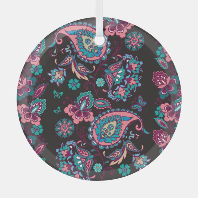 Paisley Stripe: Black Decorative Seamless Glass Ornament (Front)