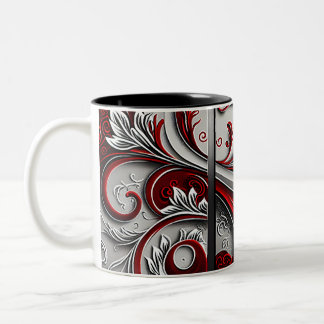 Paisley Swirl Red, Silver and White 3 Two-Tone Coffee Mug