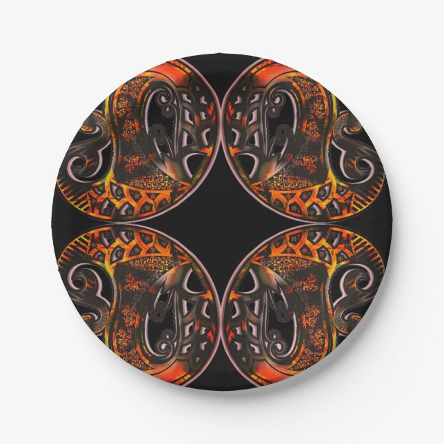 Paisley tortoise shell boho black orange fall paper plate (Front)