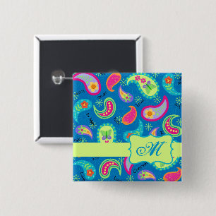 Paisley Turquoise Blue Green Modern Monogram 2 Inch Square Button