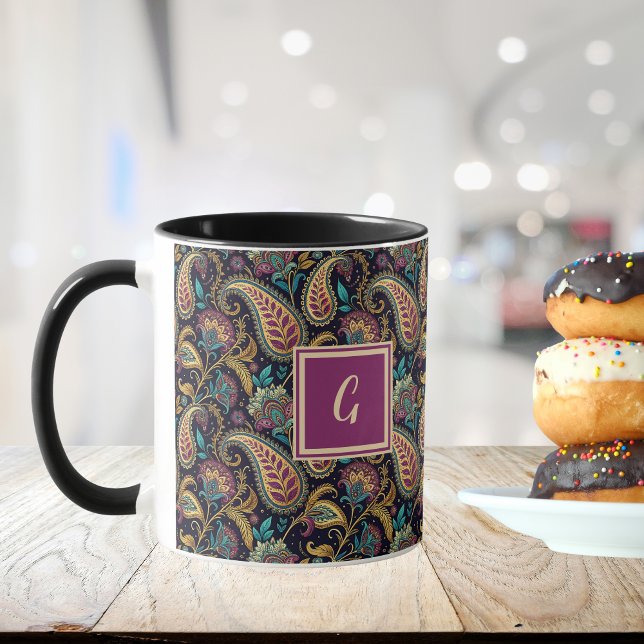 Paisley Vintage Look Black Purple Monogram Initial Mug (Creator Uploaded)