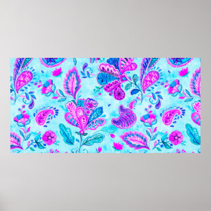 Paisley watercolor floral pattern tile: flowers, f poster