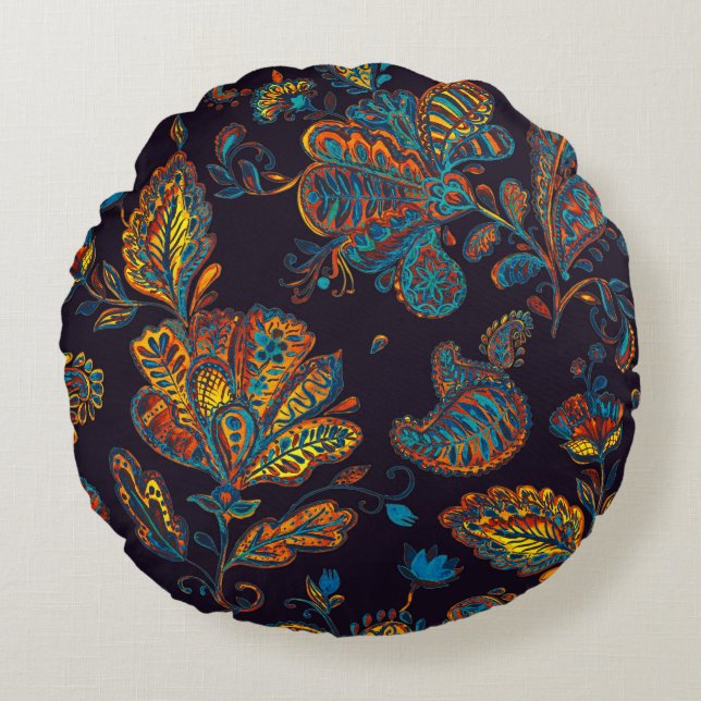 Paisley watercolor: floral pattern tile round pillow (Front)