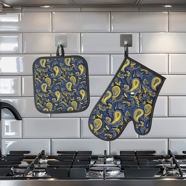 Paisley Yellow Blue Pattern Oven Mitt & Pot Holder Set (Creator Uploaded)