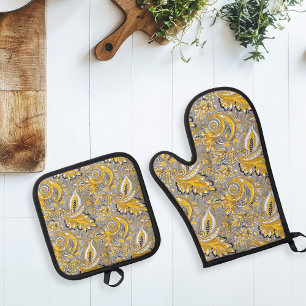 Paisley Yellow Grey  Pattern Oven Mitt & Pot Holder Set