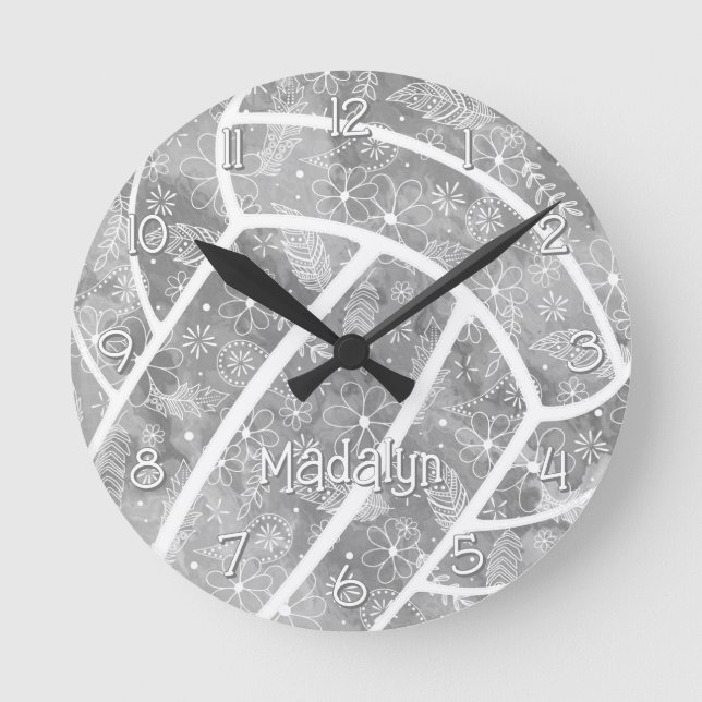 paisleys feathers flowers grey volleyball round clock (Front)